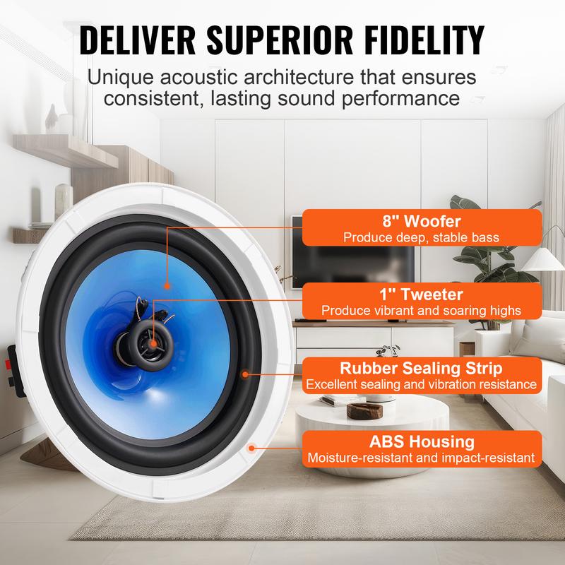 VEVOR 2 PCs 8 Inch in Ceiling Speakers, 50-Watts, Flush Mount Ceiling & in-Wall Speakers System with 8ΩImpedance 89dB Sensitivity, for Home Kitchen Living Room Bedroom or Covered Outdoor Porches Audio Amplifier - 2